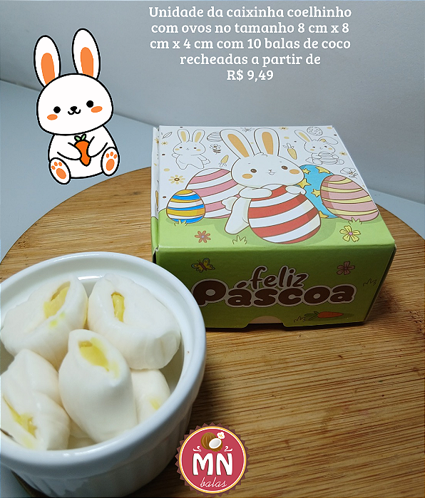 Unidade da caixinha coelhinho com ovos no tamanho 8 cm x 8 cm x 4 cm com 10 balas de coco recheadas