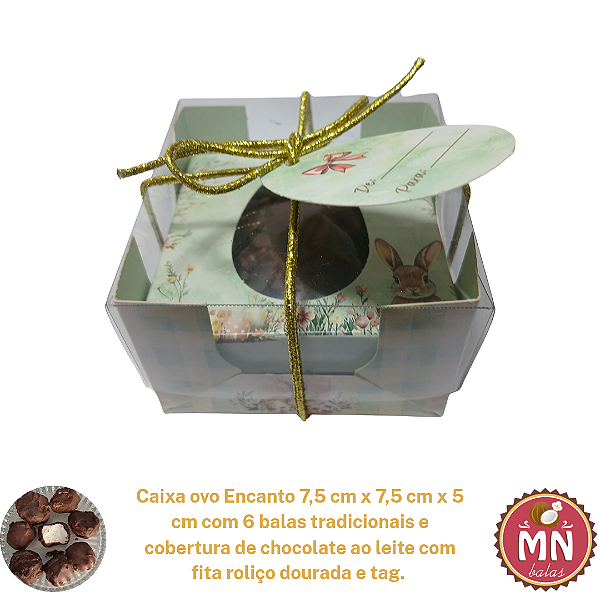Unidade da Caixa ovo Encanto 7,5 cm x 7,5 cm x 5 cm com 6 balas tradicionais e cobertura de chocolate ao leite com fita roliço dourada e tag