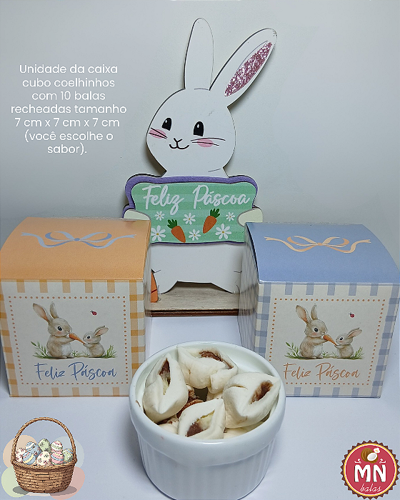 Unidade da caixa cubo coelhinhos com 10 balas recheadas tamanho 7 cm x 7 cm x 7 cm (você escolhe o sabor)