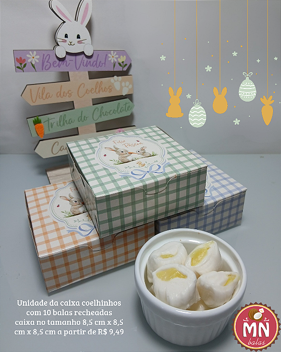 Unidade da caixa coelhinhos com 10 balas recheadas no tamanho da caixa 8,5 cm x 8,5 cm x 8,5 cm no tamanho normal (escolher sabor).