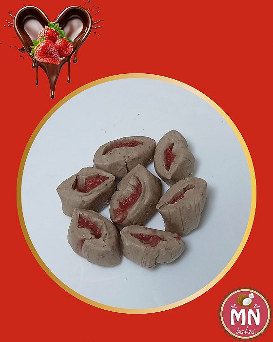 100 g recheada de sensação (chocolate com brigadeiro de morango) com 15 a 20 balas