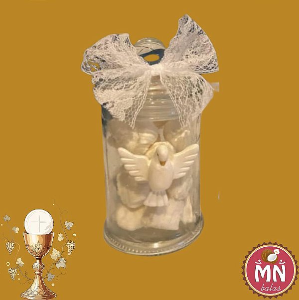 Unidade do vidro hermético 150 ml 11,5 cm x 5 cm com tampa de natal com 10 balas tradicionais sem recheio com aplique de pombinha e fita de renda