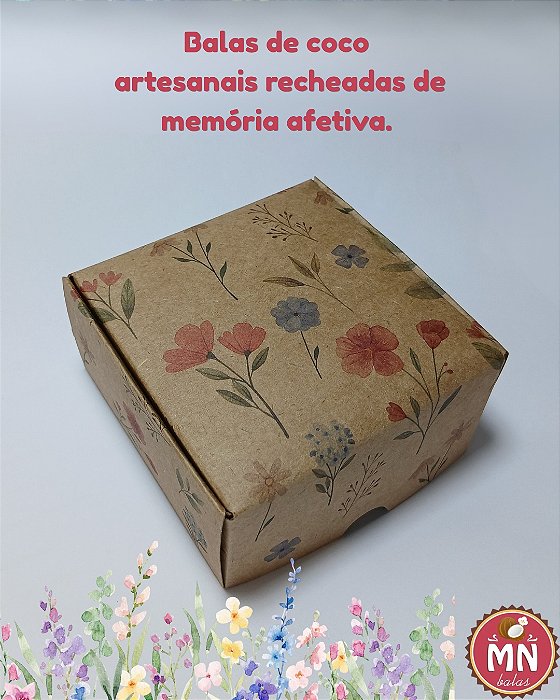Unidade da caixa mimo atelier das flores no tamanho 10 cm x 6 cm x 11,5 cm com 12 balas, sendo recheadas de docinho de coco e brigadeiro/chocolate 50% cacau