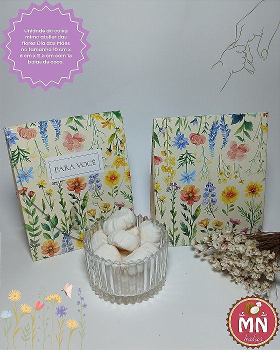 Unidade da caixa mimo atelier das flores no tamanho 10 cm x 6 cm x 11,5 cm com 15 balas de coco tradicionais