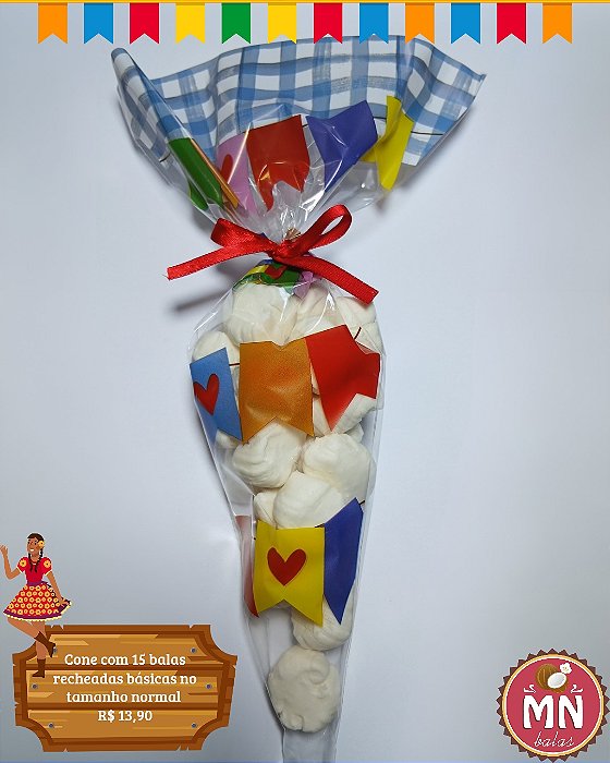 Unidade do cone de festa junina com 15 balas de coco recheadas básicas (escolha o sabor)