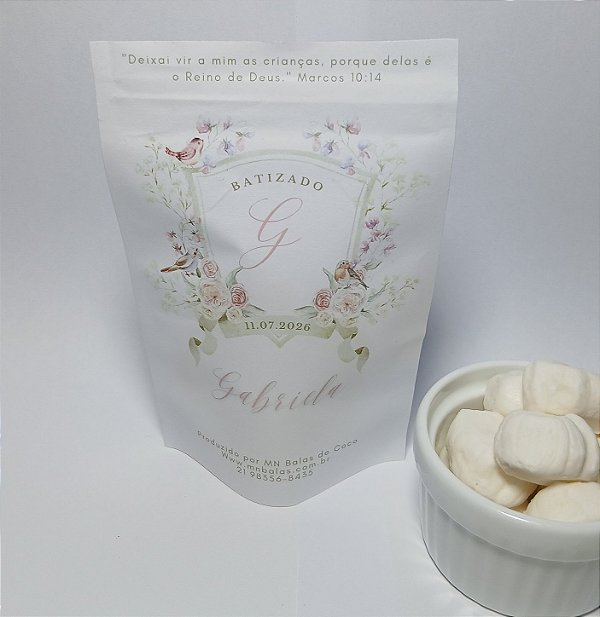 Unidade do saquinho hermético ziplock personalizado batizado 10 cm x 15 cm com 6 balas de coco tradicionais e arte inclusa sem tag pendurada e sem correntinha