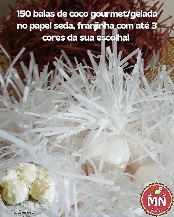 Kit com 150 balas tradicionais sem recheio gourmet gelada cobertura leite coco e coco ralado papel franjinha ou papel seda vintage balas de coco anos 80