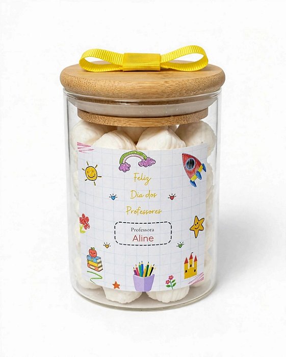 Unidade do pote de vidro hermético com tampa de bambu Dia dos Professores 2026 200 ml com 20 balas de coco no tamanho normal tradicionais sem recheio (escolha o sabor)