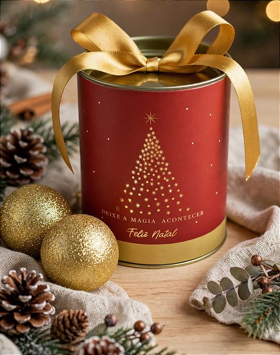 Unidade da Tubolata de Natal Rígida Deixe a Magia Acontecer no tamanho 16,5 cm x 18 cm com 20 balas de coco recheadas artesanais (escolha o sabor).