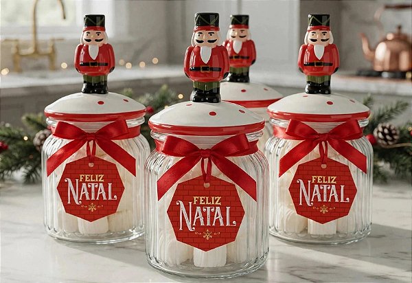 Unidade do pote de vidro luxo 300 ml Natal Quebra Nozes Coelho 15 cm x 7,5 cm com 20 balas tradicionais sem recheio com tag pendurada