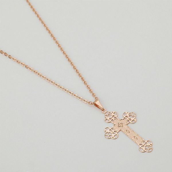 Gargantilha Em Aço Cirúrgico 316l Com Banho Rose Pingente Cruz