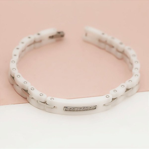 Pulseira Em Cerâmica Branca Com Detalhes Em Aço Com 9 Zircônias