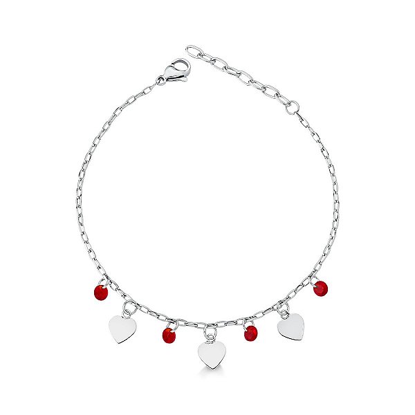 Pulseira em Aço Cirúrgico 316L com 3 Corações e 4 Zircônias  18cm + Extensor
