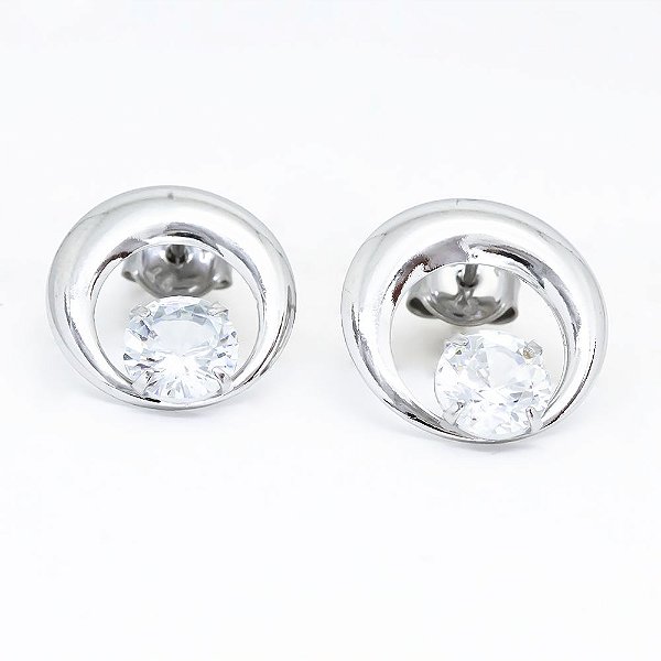 Brinco Em Aço 316l Círculo Vazado 14mm E Detalhe Com Ponto De Luz 6mm