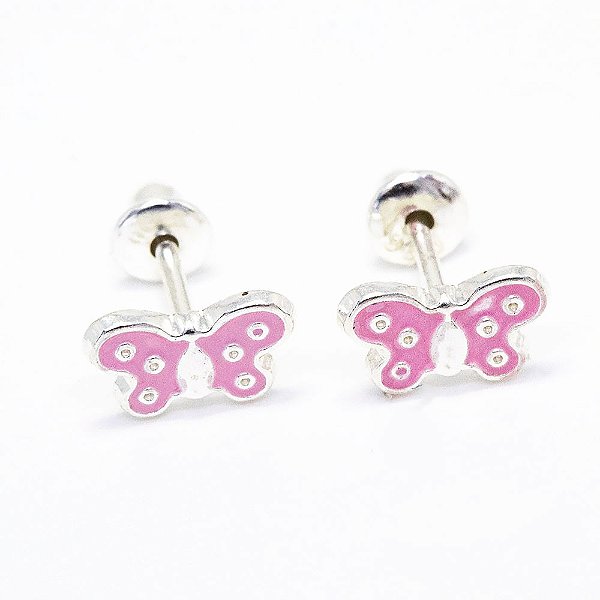 Brinco Em Prata 950 Baby Borboleta Rosa 7mm