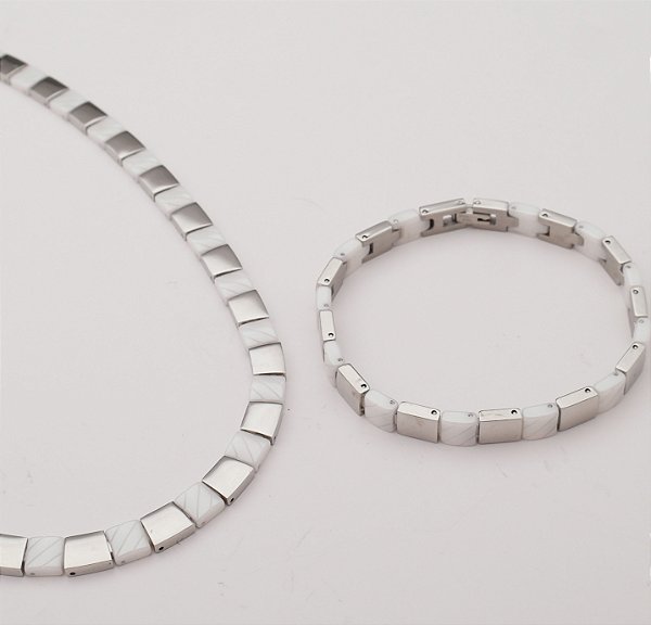 Conjunto Colar E Pulseira Cerâmica Branca Com Aço 316L Magnético