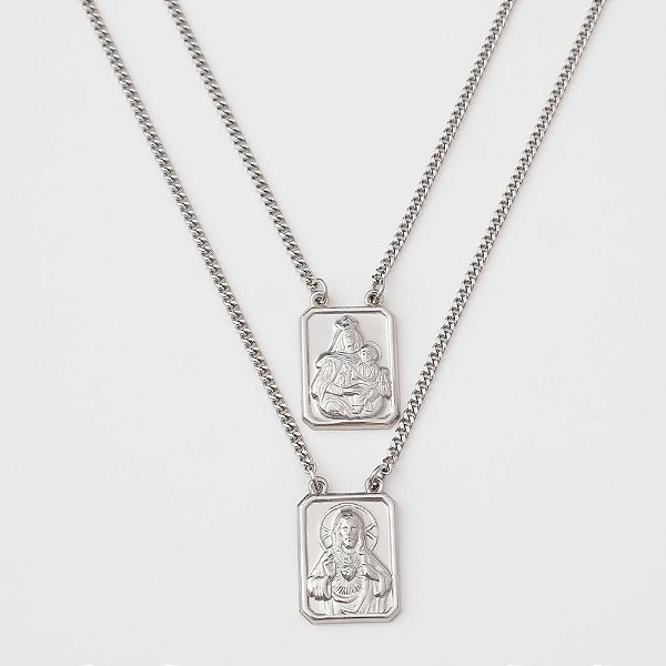 Escapulário em Aço Cirúrgico N.Sra. do Carmo E Sagrado Coração de Jesus com eletro