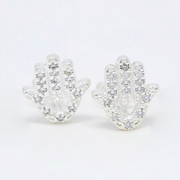 Brinco em Prata 925 Mão de Hamsa Cravejada em Micro zircônias