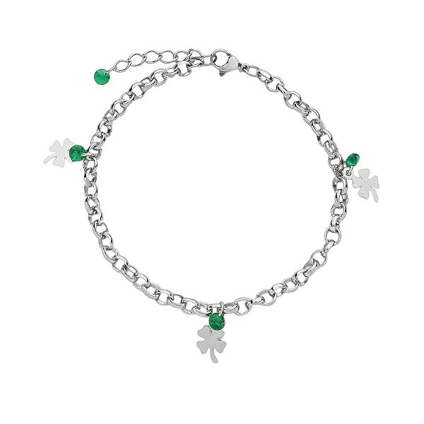 Pulseira em Aço Cirúrgico 316L Com Pingentes Trevos e Zircônias Verdes 18cm
