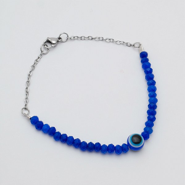 Pulseira em Aço Cirúrgico 316L Com Pedra em Jade Azul e Olho Grego