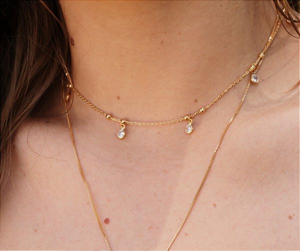 Chocker Folheada a Ouro com Bolinhas a Zirconias  35 cm com extensor- Coleção Brisa