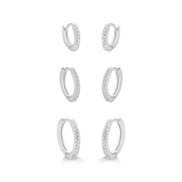 Brinco Em Prata 925 Trio Argolinha Quadrada  9/10/12mm Cravejada Com Micros Zircônias