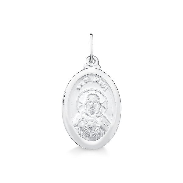 Pingente em Prata 925 Pingente Sagrado Coração de Jesus  Oval 25 x 16mm Dupla face