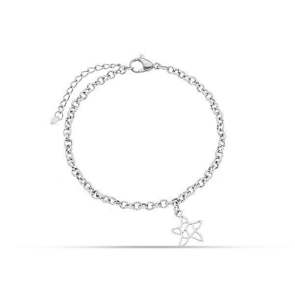 Pulseira em Aço Inox  Pingente Estrela do Mar 12mm Vazada Com Zircônia no extensor