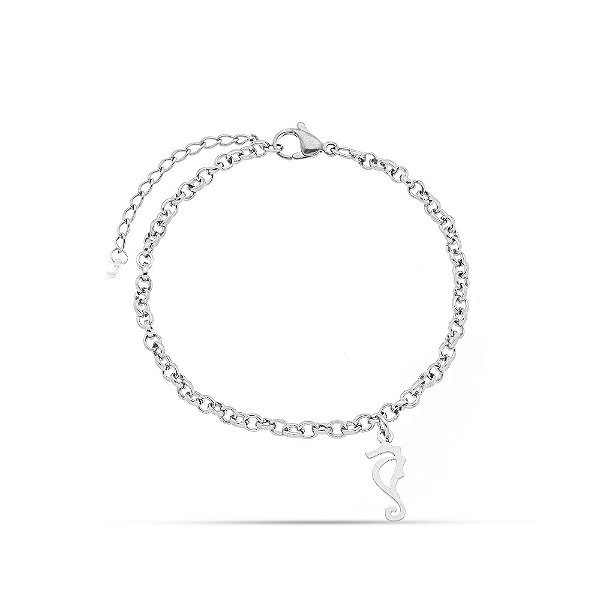 Pulseira em Aço Inox  Pingente Cavalo Marinho  Com Pedra Zircônia