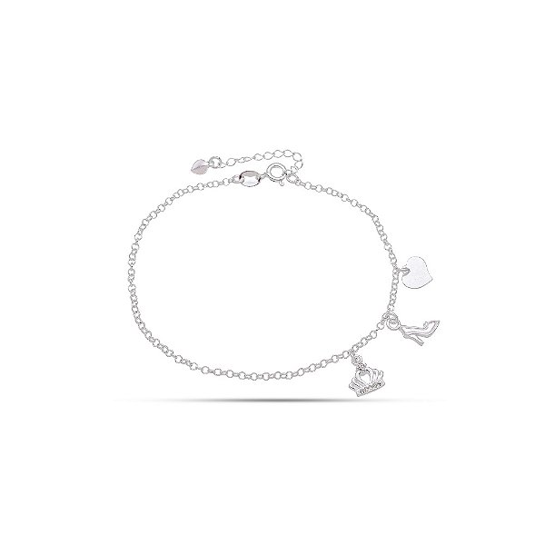 Pulseira em Prata 925 com pingentes Coroa Com Zircônia salto e coração