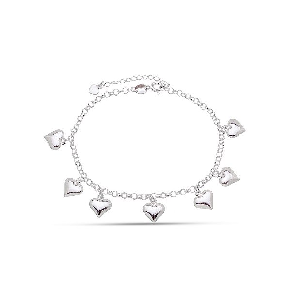 Pulseira em Prata 925 com7 Pingentes corações em prata