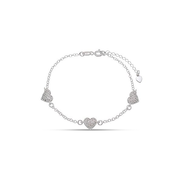 Pulseira em Prata 925 Com 3 Corações cravejado com Zircônias