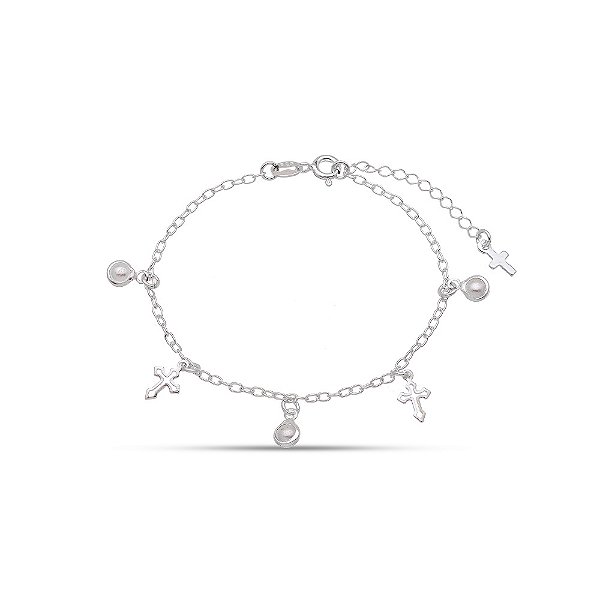 Pulseira em prata 925 Infantil Com Gotinhas em Perola e Pingente Cruz