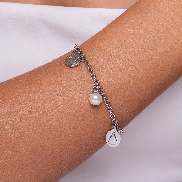 Pulseira em aço Com Pingentes São Bento Perola N.Srª. Aparecida Aço 316L inox