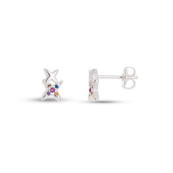 Brinco em Prata estrelinha Dupla Cravejado com Zircônia Colors
