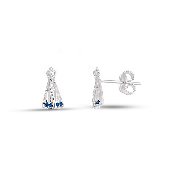 Brinco Nossa Senhora Aparecida Com Zircônia Azul Manto Prata 925