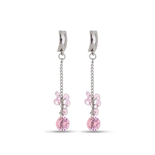 Brinco Em Aço Corrente Pendurado Rosa  5 zirconias 4mm E 1 Zirconia 8mm Rosa