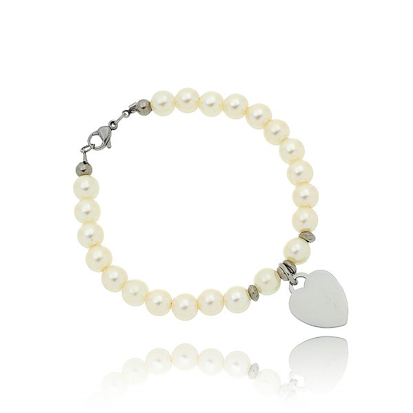 Pulseira Pérola com Pingente Coração em Aço inoxidável