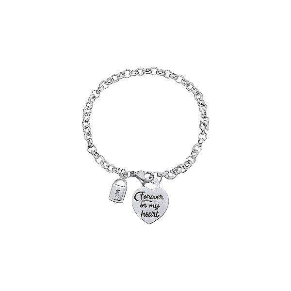 Pulseira Aço Inox Elo Português Coração e Cadeado forever In My Heart