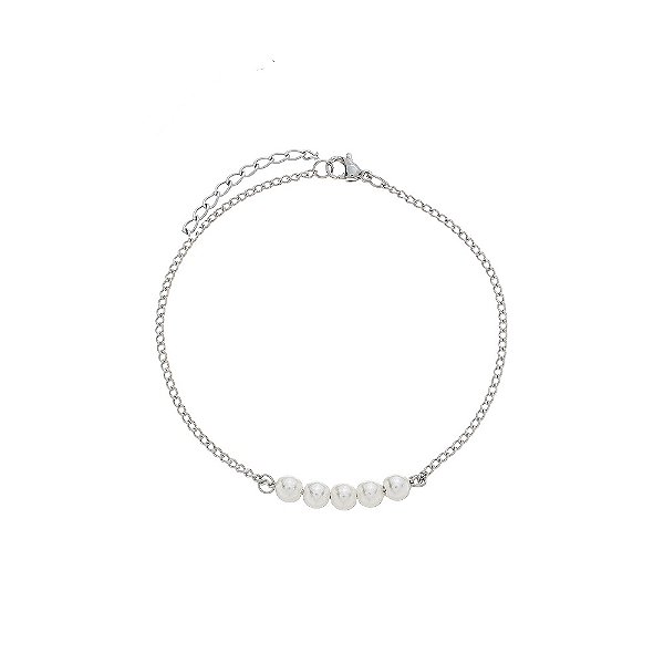 Pulseira Perolas Gravatinha 5 Perolas Corrente Aço Inox 316L