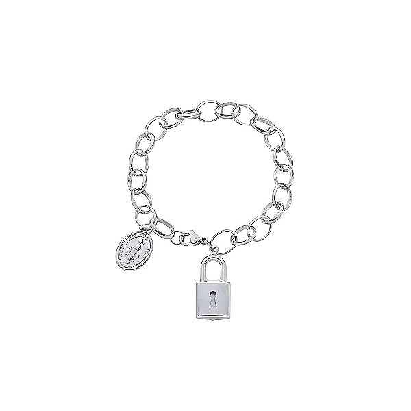 Pulseira em Aço Inox Cadeia da Consagração Pingente Graça Cadeado Elo 14mm