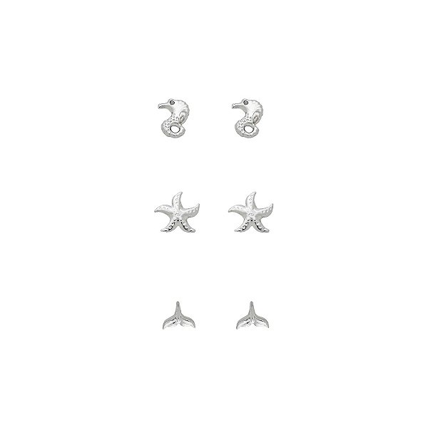 Trio Brinco Aço Inox coleção Mar Cavalo Marinho Cauda de Sereia Estrelinha Mar
