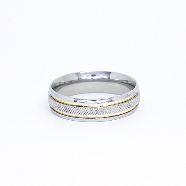 Aliança Recartilhada com Duas Listras Douradas em Aço Cirúrgico 316l