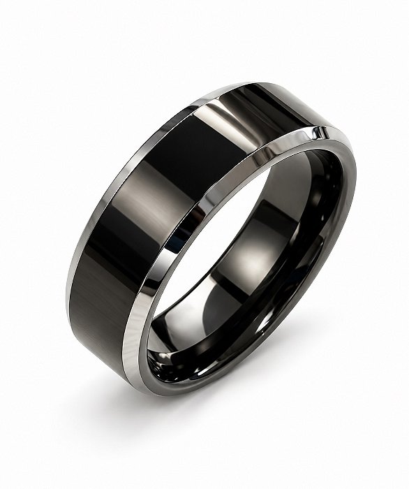 Anel Em Tungstênio 8mm Preto Com Laterais Chanfradas Grafite