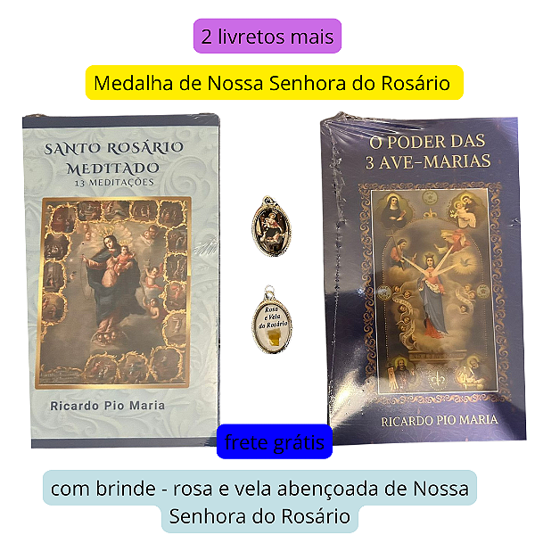 KIT ROSÁRIO - 2 LIVRETOS + MEDALHA DO ROSÁRIO com brinde rosa e vela abençoadas de Nossa Senhora do Rosário