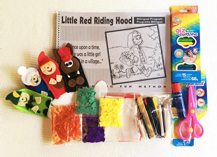 Kit especial - Livro de história e atividade Little Red Riding Hood com kit colagem, com dedoches