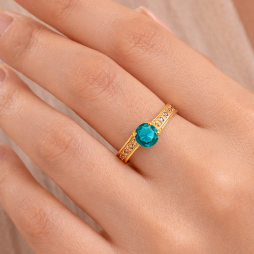 Anel Solitário pedra verde Folheado a Ouro 18k