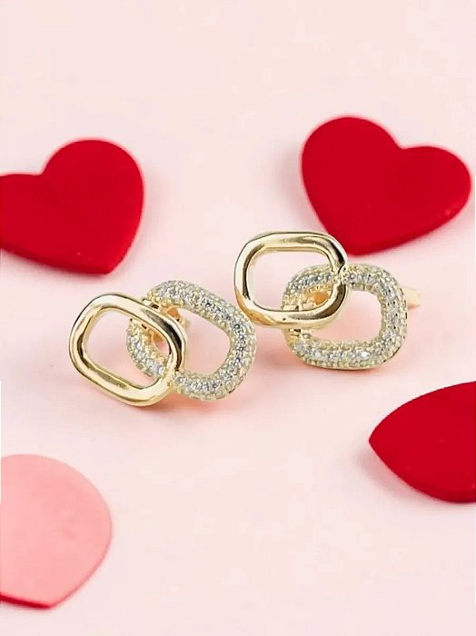 Brinco Dois Elos Cravejado Banhado A Ouro 18k Kit para presentear