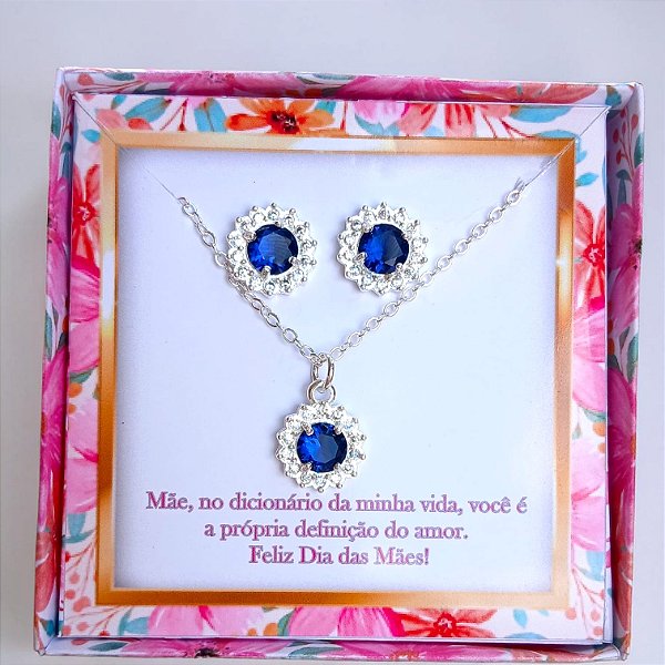 Conjunto Colar E Brinco Azul Escuro Zircônias Cravejadas