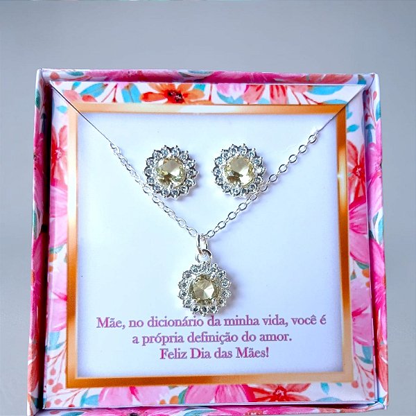 Conjunto Colar E Brinco Amarelo Zircônias Cravejadas